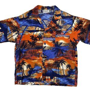 70s Vintage Handmade Blue and Orange Sunset Print Men's Cotton Hawaiian Shirt XL